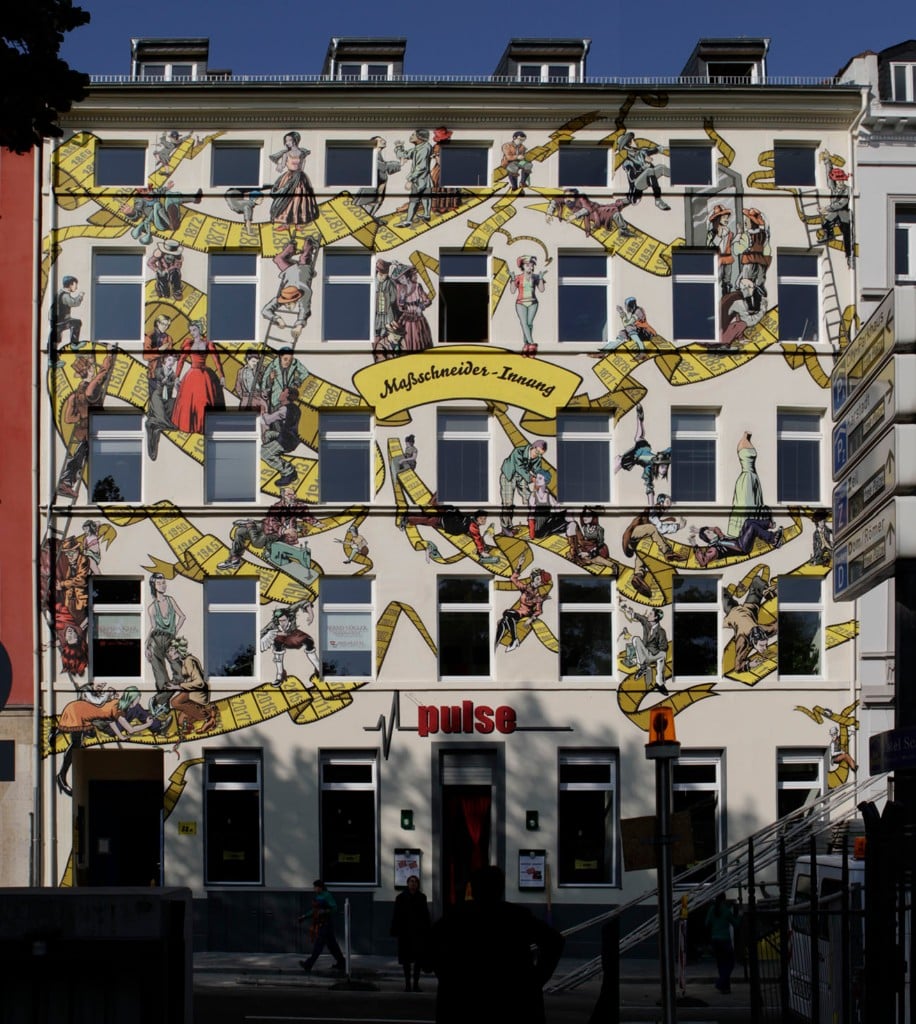 Mural über fünf Geschosse in Frankfurt – Maßschneider-Innung Rhein-Main im Stadtkontext